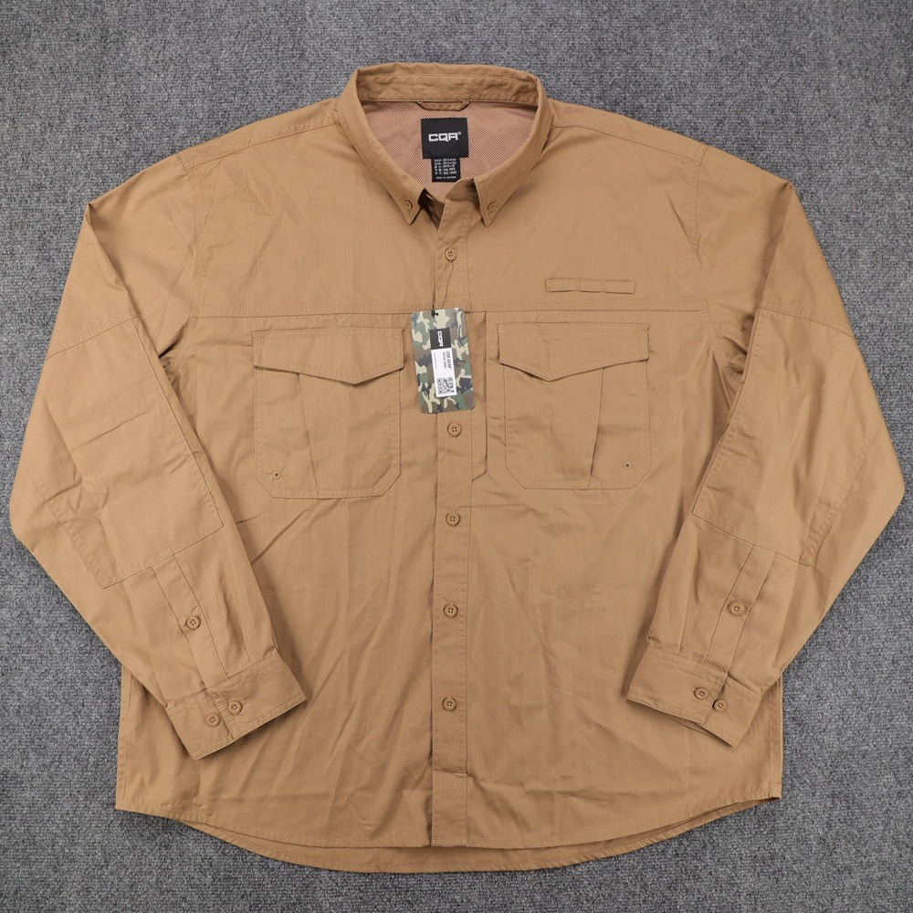 CQR Tactical Series Mens 2XL Coyote Brown Ripstop Long Sleeve Button Down Shirt